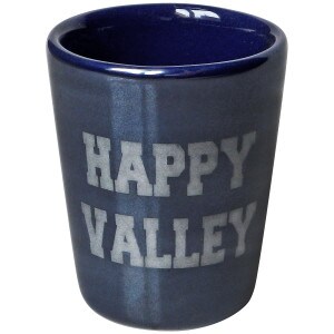 blue luster shot glass with Happy Valley in silver